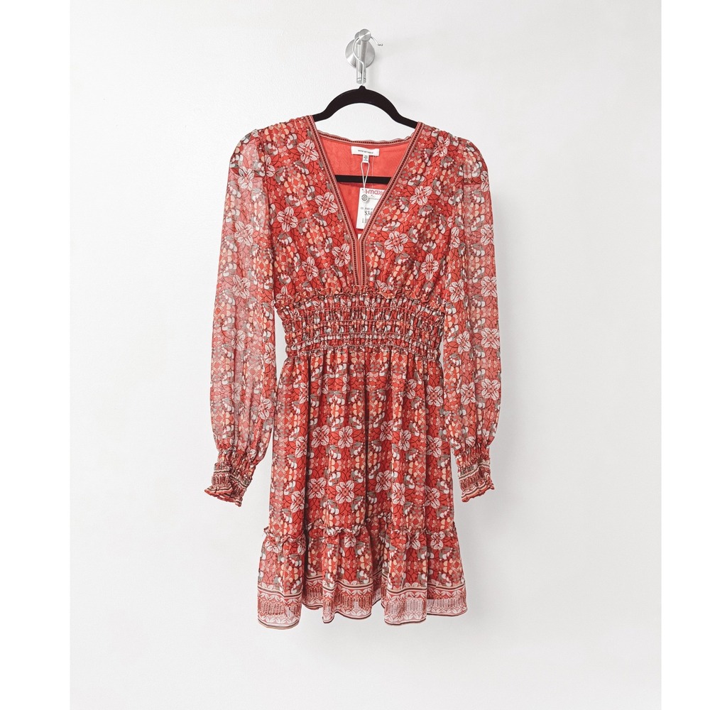Max Studio Red Floral Smocked Waist V-Neck Mini Dress 2905Y63 Womens XS‎ NWT